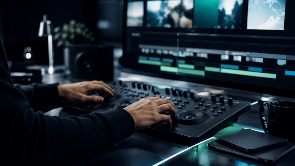 KI generierte Szene eines professionellen Videoschnittplatzes